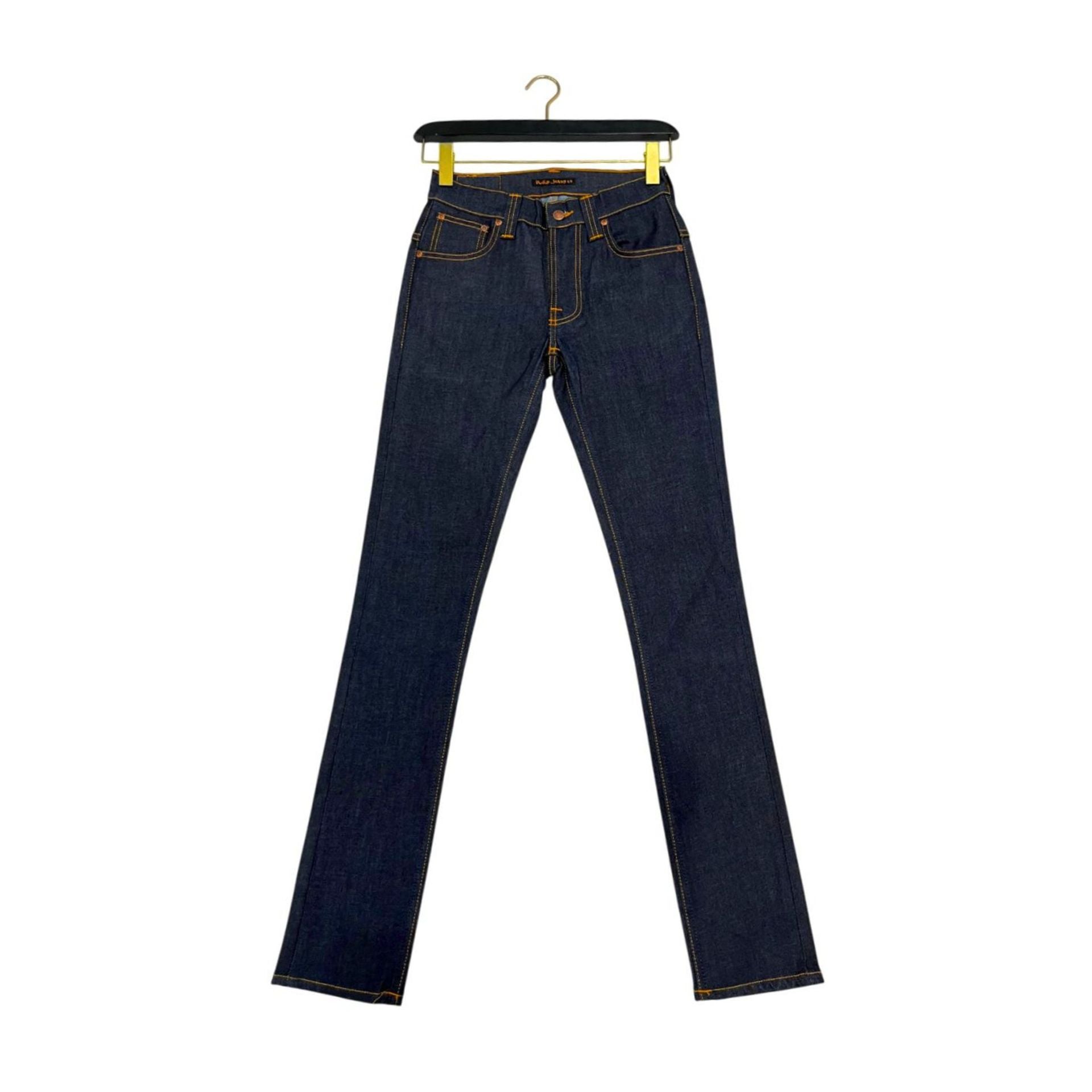 Nudie Jeans NJ4229 Tapeted in BluNavy denim, featuring slim fit and classic five-pocket design, displayed on a hanger.