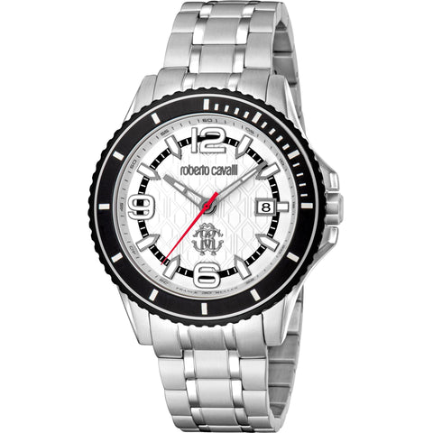 Roberto Cavalli by Franck Muller luxury watch with a sleek silver dial and intricate detailing, showcasing elegant craftsmanship.