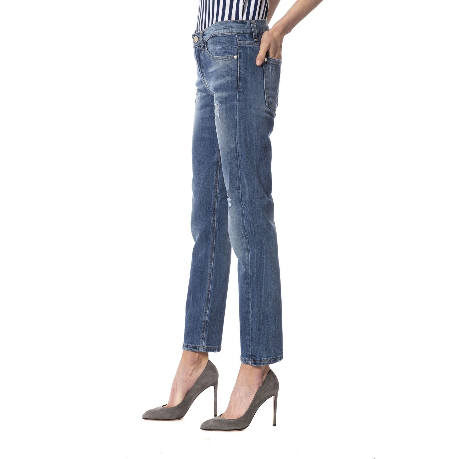 Frankie Morello denim jacket with classic design, displayed on a hanger, showcasing the stylish fabric and detailed stitching.