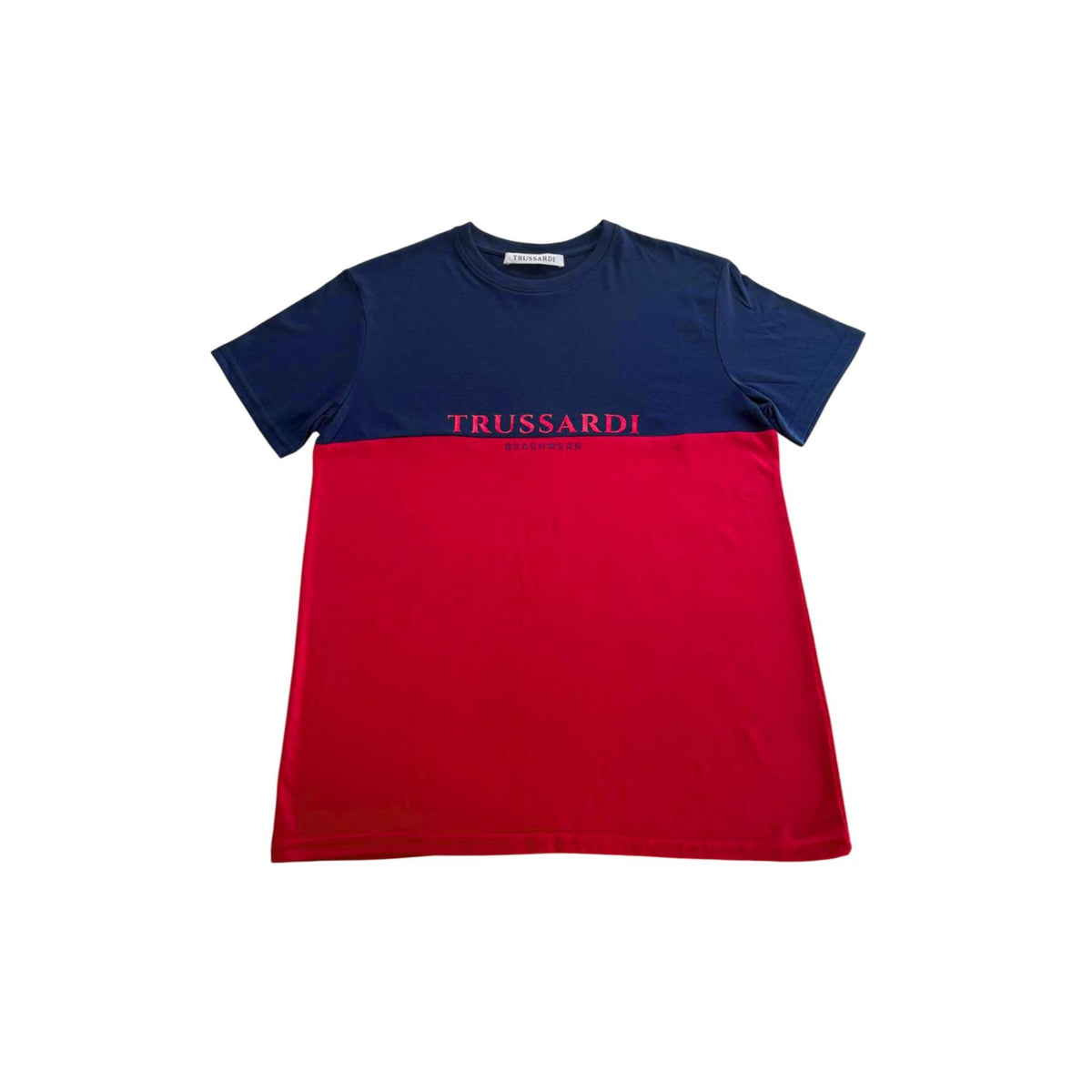 Trussardi Beachwear TRU25MTS02_REDNAVY featuring a stylish red navy swimsuit with bold patterns, designed for beach and swimwear fashion.