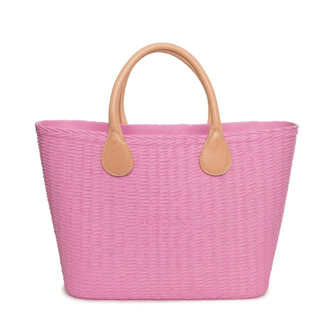 Jag Couture London-New York Obag with textured pink and beige panels, featuring sleek design and modern style.