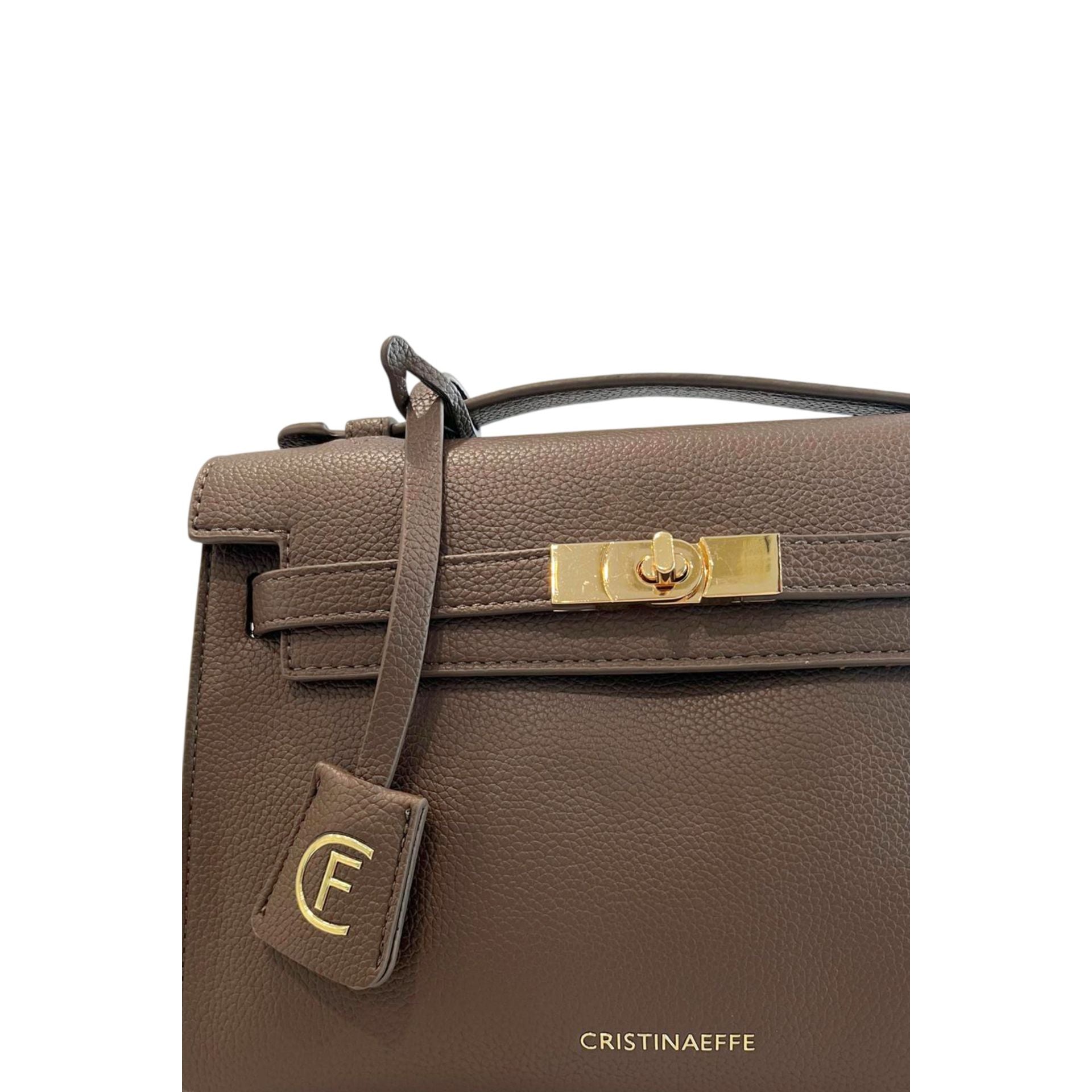 Cristinaeffe CF24FW024_MARRONE leather handbag by Jag Couture London - New York, showing brown textured leather and sleek design.