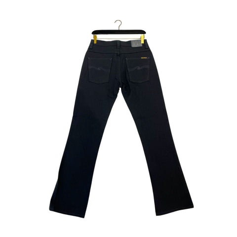 Black Nudie Jeans NJ3088 SlimJim jeans displayed on a model, showcasing a slim fit and classic denim style.