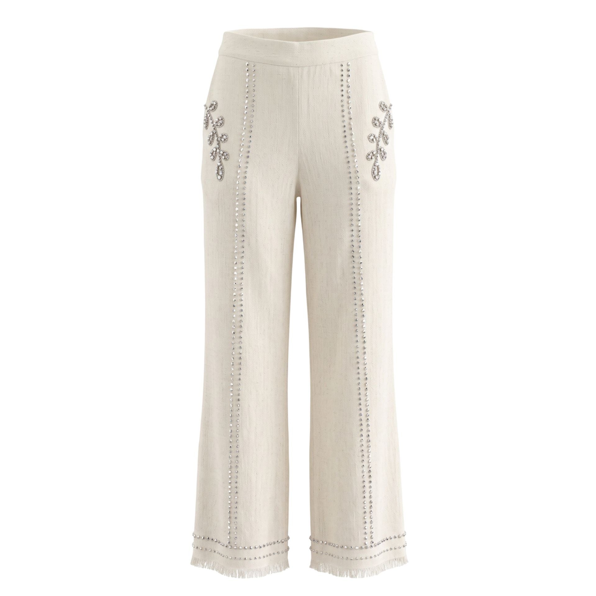 White Trussardi jeans with classic design, featuring detailed stitching and a stylish fit, showcased by Jag Couture London - New York.