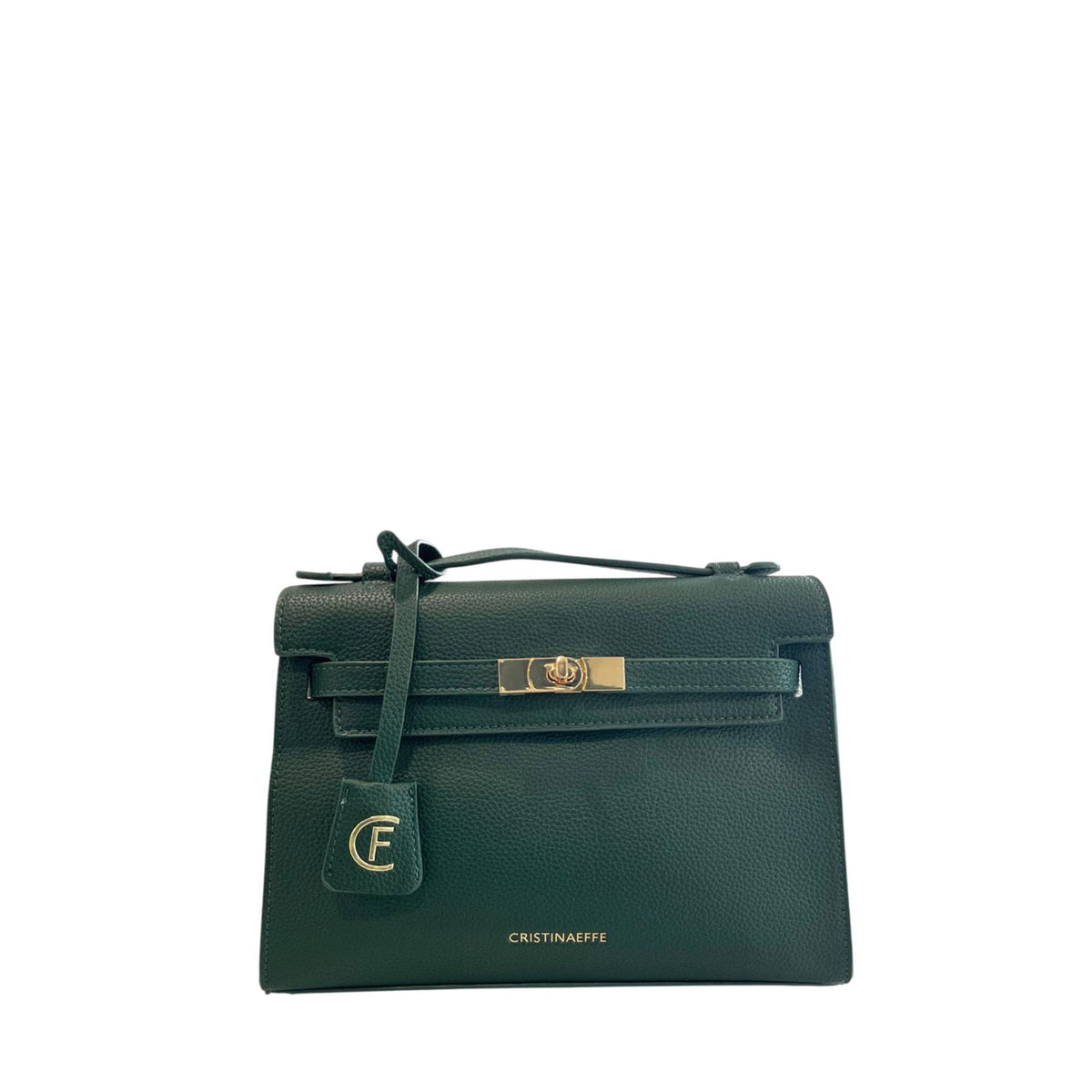 Cristinaeffe CF24FW024_VERDE handbag by Jag Couture London - New York, featuring green leather with gold hardware and structured design.