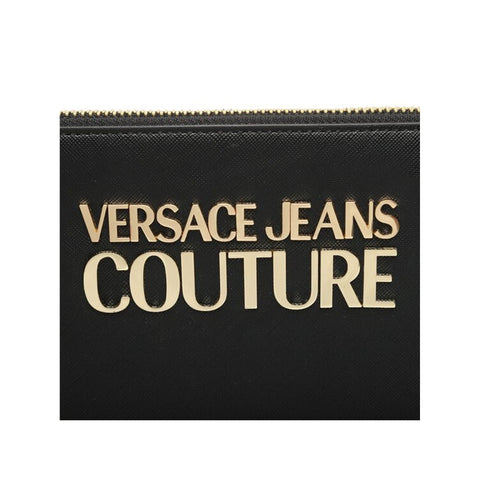 Versace Jeans 74VA4BLX_ZS467_899 black denim jacket with silver hardware, displayed on a hanger against a plain background.
