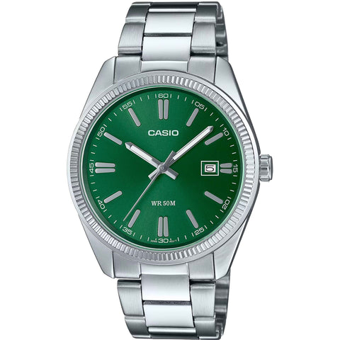 Casio X093 MTP-1302PD-3AVEF watch with silver dial and stainless steel band, featuring a classic analog design from Jag Couture London.