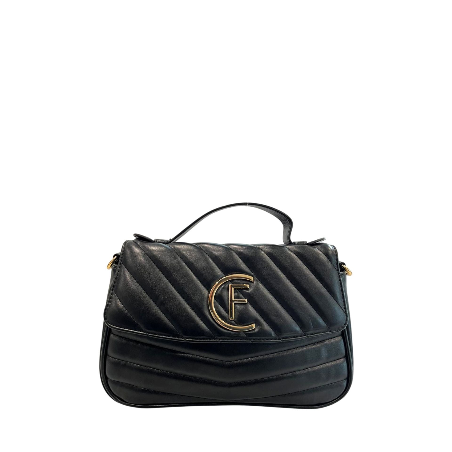 Black Cristinaeffe CF24FW026_NERO handbag by Jag Couture London - New York, showing sleek leather exterior and gold-tone hardware.