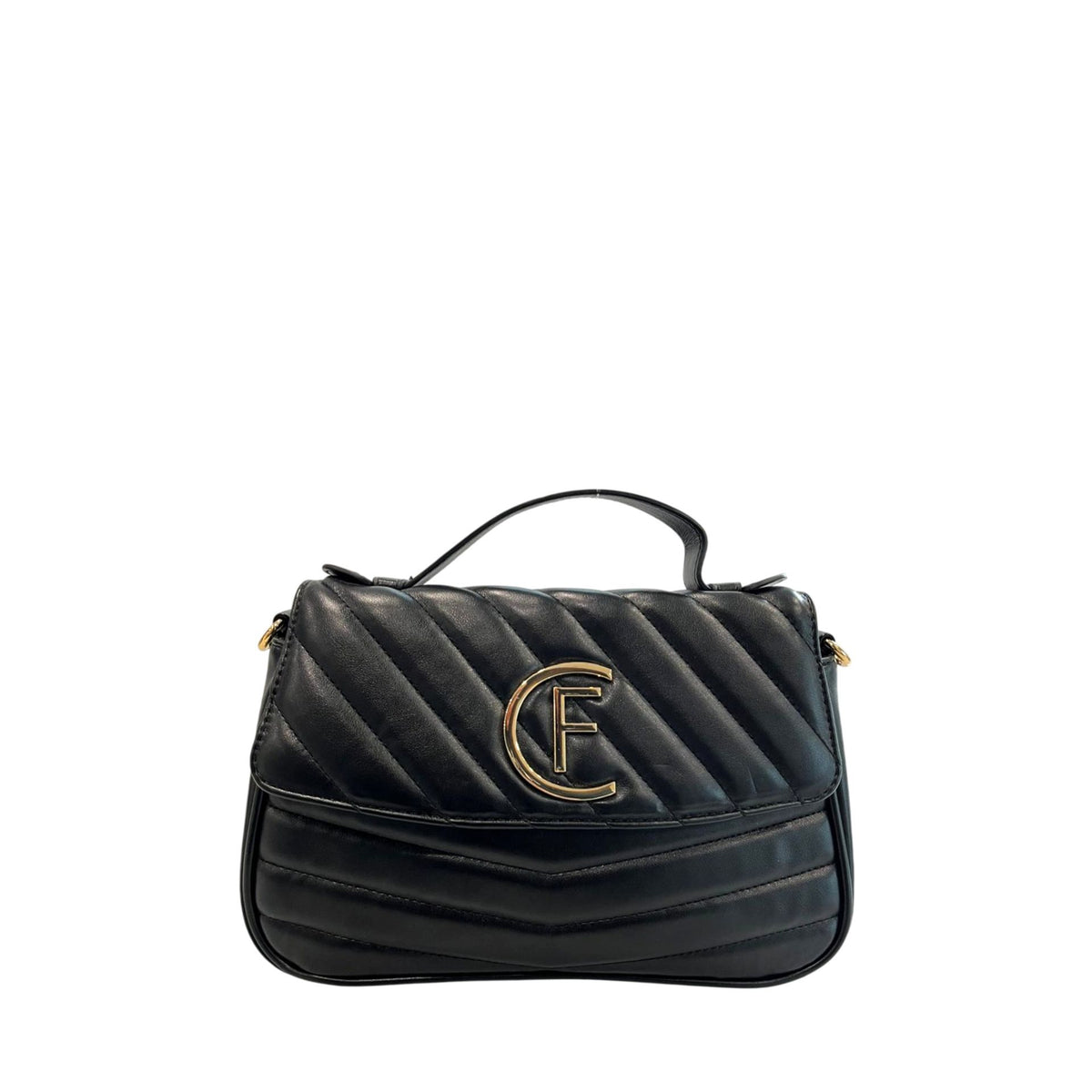 Black Cristinaeffe CF24FW026_NERO handbag by Jag Couture London - New York, showing sleek leather exterior and gold-tone hardware.