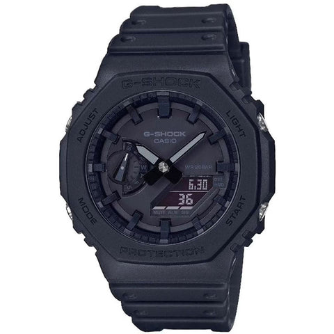 Casio GA-2100-1A1ER digital watch with black resin band and round face, featuring analog and digital display, by Jag Couture London.