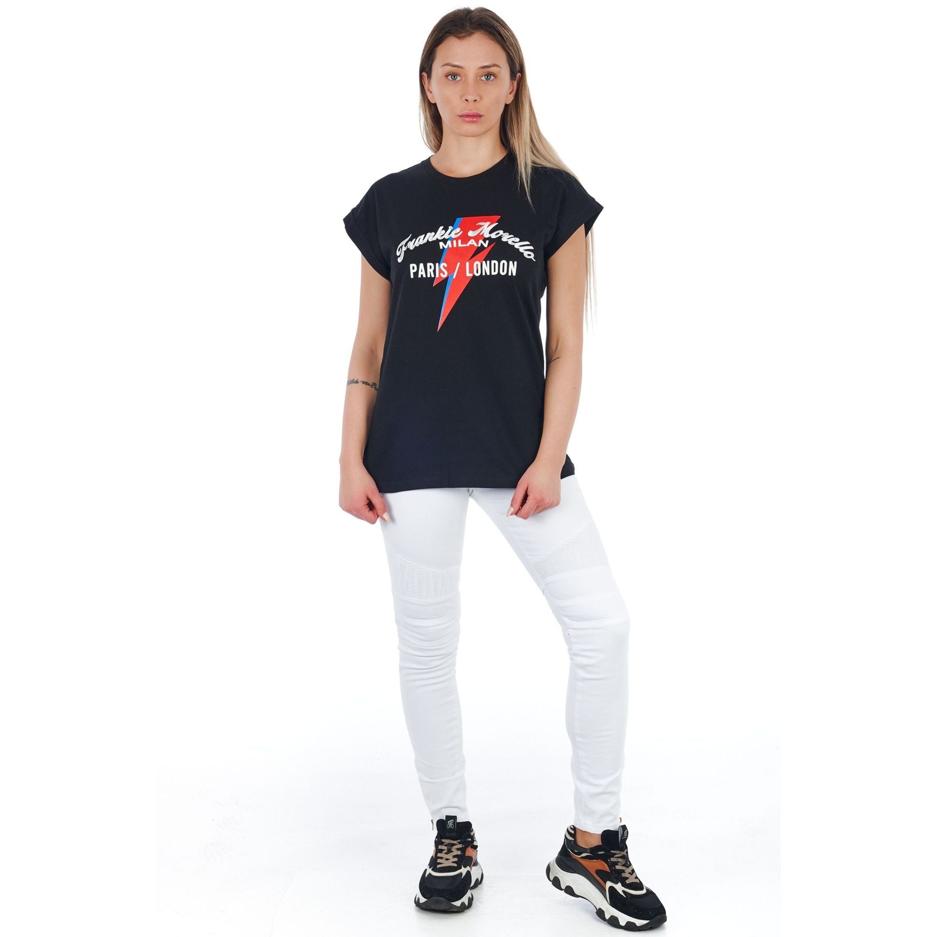 Frankie Morello FWCF9127PA_W02 optical white sneakers with black accents, casual design, built-in logo, and comfortable rubber soles.