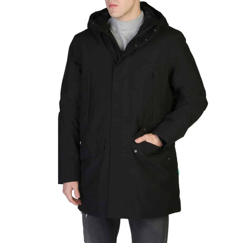 Black Save The Duck YOTAM-D40772M down-filled jacket by Jag Couture London New York, shown on a hanger with a close-up view