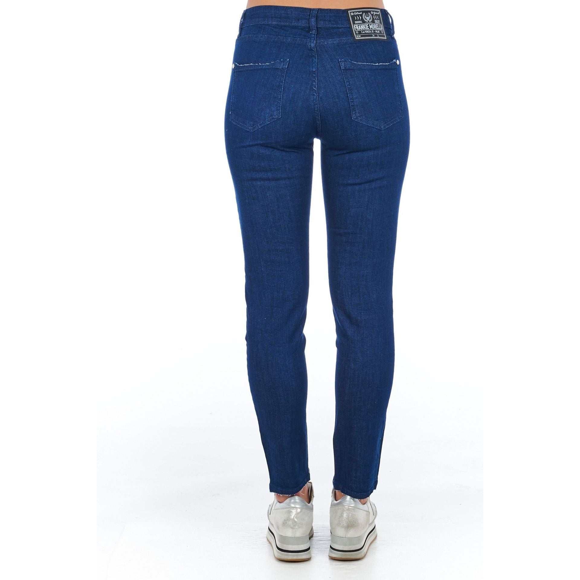 Dark denim Frankie Morello FWCS9205JE_B02 jeans displayed on a model, showcasing the stylish fit and classic design.