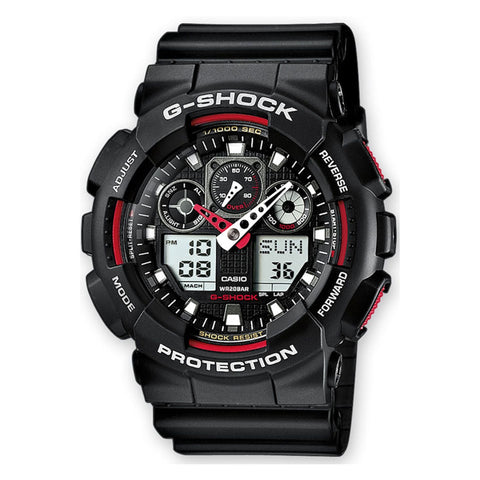 Casio GA-100-1A4ER analog-digital watch with black resin strap and large round face, featuring multiple displays and chronograph functions.