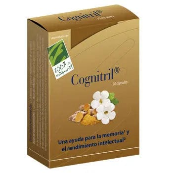 Bottle of 100% Natura Cognitril capsules from Jag Couture London New York, showing the product label and capsule container.