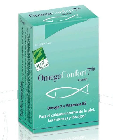 100% Natura Omegaconfort7 capsules by Jag Couture London - New York, close-up of the 30 softgel perlas in a transparent bottle.