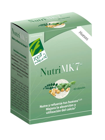 Bottle of 100% Natura Nutrimk7 Huesos dietary supplement capsules by Jag Couture London New York, showing 60 capsules in a clear bottle.