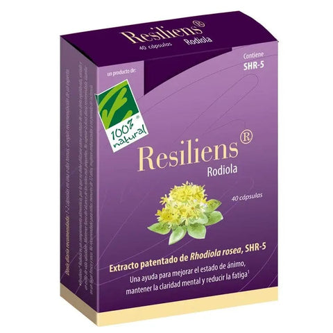 Bottle of 100% Natura Resiliens Rhodiola capsules by Jag Couture London New York, showing 40 capsules in the container.