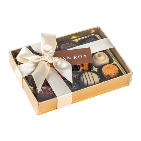 12 assorted Belgian chocolates in a gold box with cello lid and ribbon, by Jag Couture London - New York