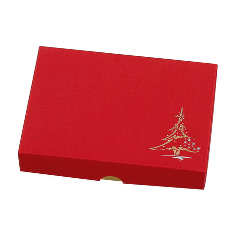 Chocolate base with vac form tray and red Wibalin Christmas tree lid, 159x112x32mm, by Jag Couture London New York.