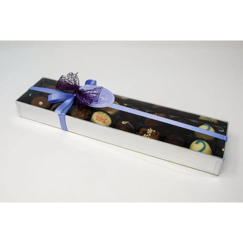 16 handmade English chocolates and truffles from Jag Couture London-New York in a silver gift box with menu tag.