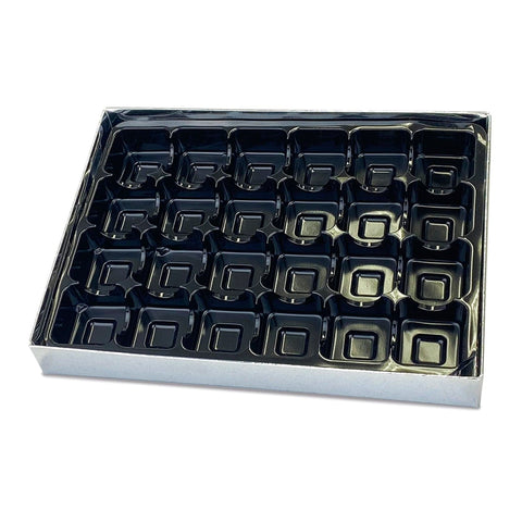 24 chocolate silver base cupcakes in black vacuum tray with clear cello lid by Jag Couture London – New York.