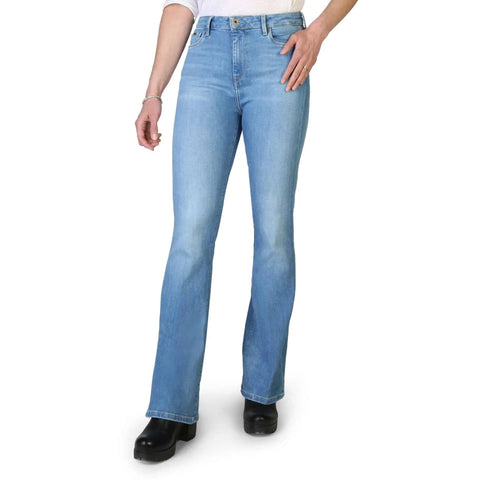 Pepe Jeans Dion flare jeans in dark wash with high-rise fit, displayed on a hanger against a neutral background.