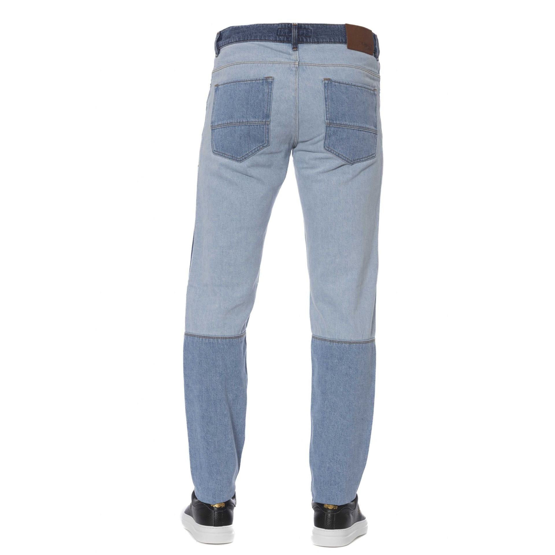 Steel blue Trussardi jeans with classic fit and branding, displayed on a neutral background.
