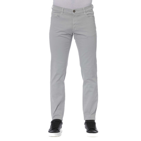 Trussardi Jeans in platinum color with a slim fit, showcased on a hanger, from Jag Couture London - New York.