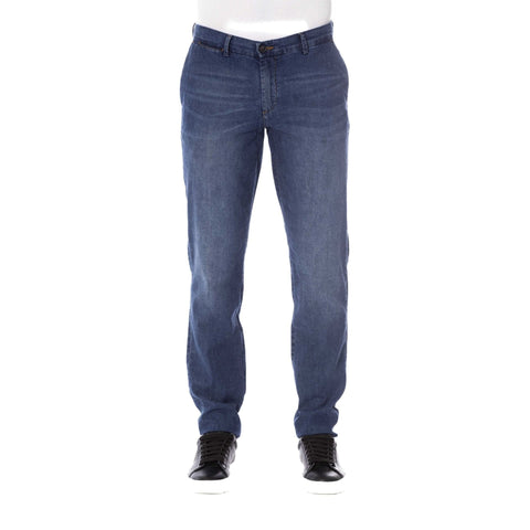 Trussardi Jeans Imperial Blue, denim pants from Jag Couture London, displayed on a hanger with a blurred background.