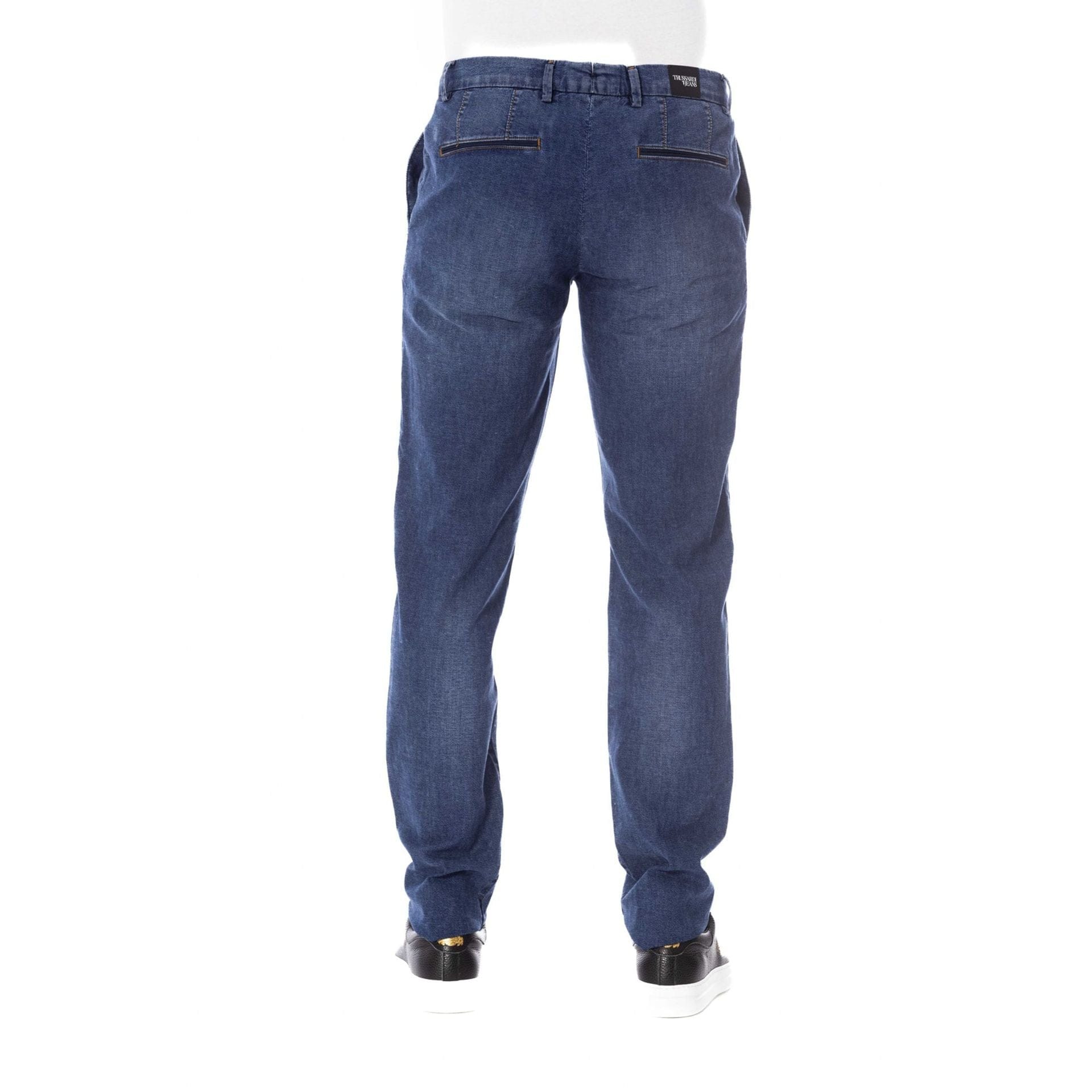 Trussardi blue jeans with classic fit, shown from the front, featuring detailed stitching and a stylish denim appearance.