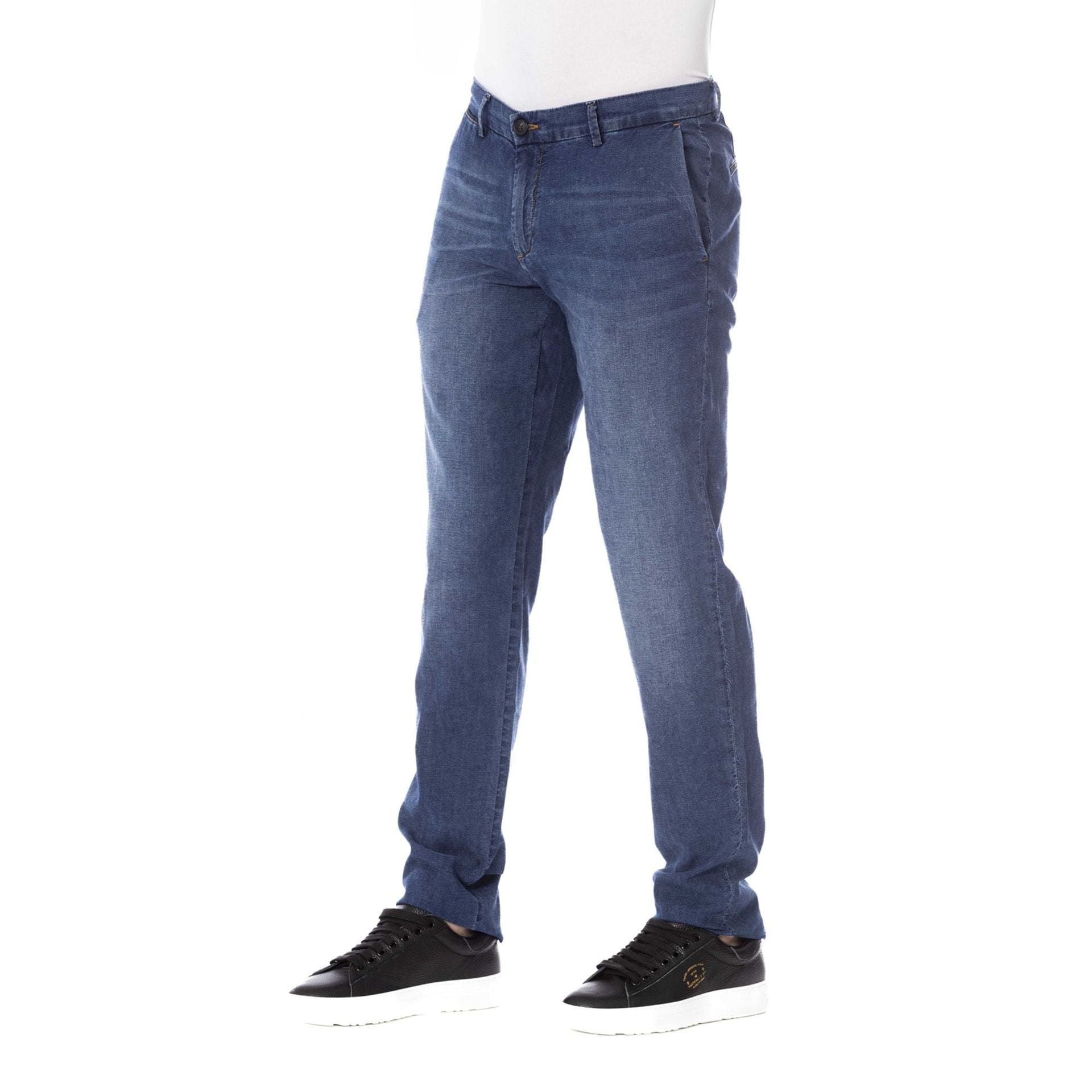 Trussardi Jeans Imperial Blue with classic design, displayed on a hanger showcasing the denim fabric and stylish fit.