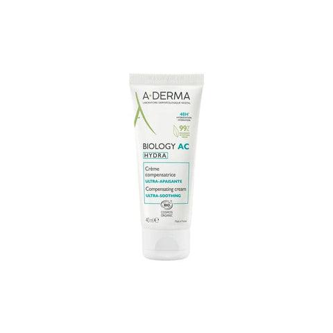 A-Derma Biology AC Hydra Ultra Soothing Cream 40ml jar with white and blue packaging, designed for sensitive skin relief.