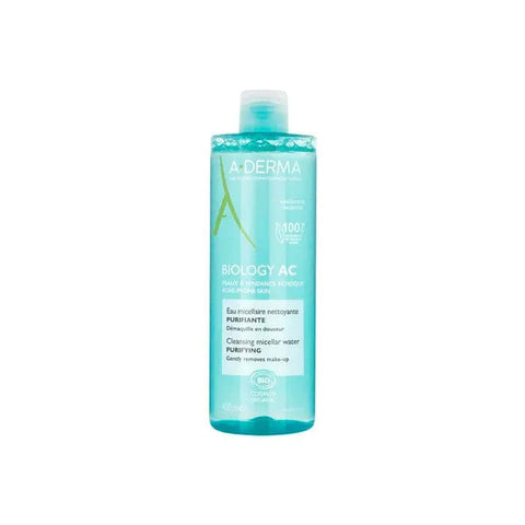 A-Derma Biology AC Purifying Micellar Water in a 400ml bottle, used for gentle skin cleansing and purifying.