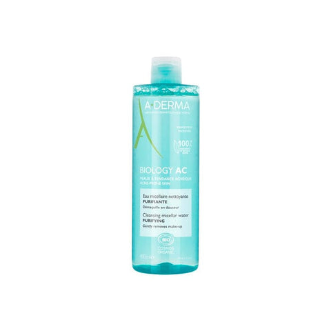 A-Derma Biology AC Purifying Micellar Water in a 400ml bottle, with clear liquid and minimalist label, on a clean background.