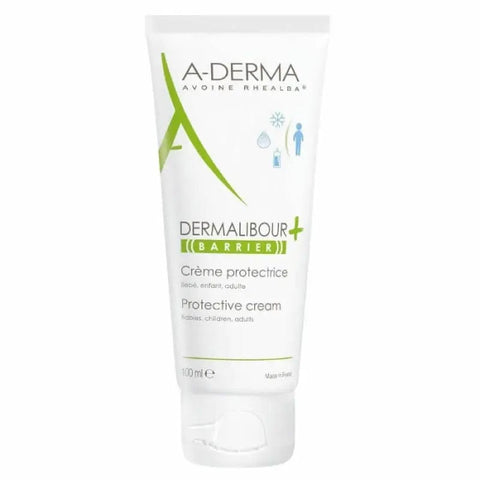 A-Derma Dermalibour Barrier Cream 100ml shown in a tube, designed for skin protection and soothing, with natural ingredients.