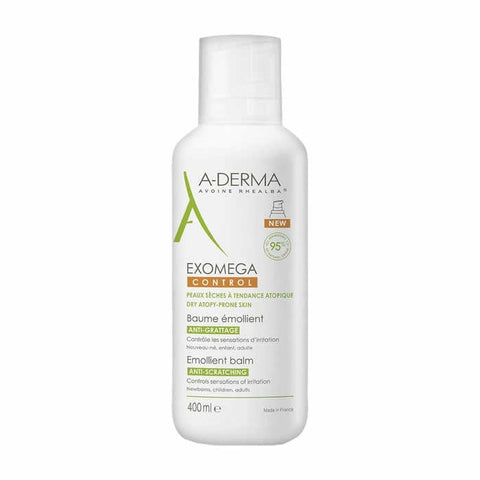 A-Derma Exomega Balm for dry skin in a 400ml jar, featuring a white and blue label, displayed on a neutral background.