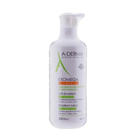 A-Derma Exomega Control Lotion for dry skin in a 400ml bottle, shown with its label and pump dispenser.