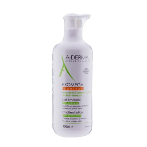 A-Derma Exomega Control Lotion for dry skin in a 400ml bottle, featuring a white pump dispenser and label with blue accents.