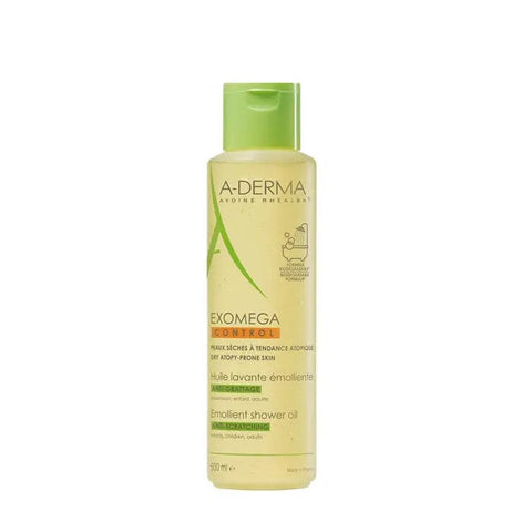 A-Derma Exomega Control Washing Oil Emollient for dry skin, 500ml bottle, designed to soothe and reduce itching.