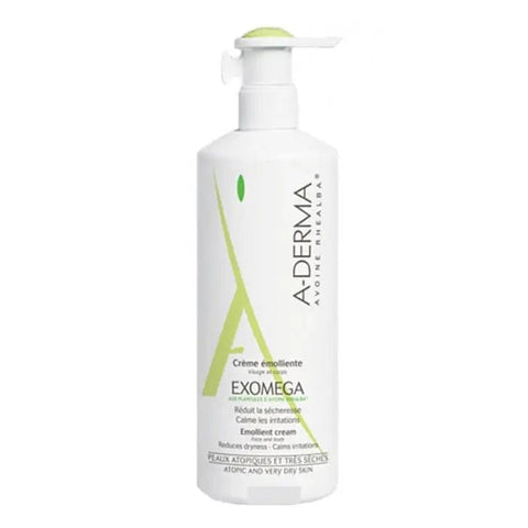 A-Derma Exomega cream for dry skin in a 400ml jar, featuring a white and blue label, displayed on a plain background.