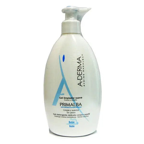 A-Derma gentle baby cleanser gel in a 750ml bottle, suitable for fragile skin, with soft, clear packaging and a pump dispenser.