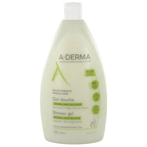 A-Derma Hydra-Protective Shower Gel in 500ml bottle with blue and white packaging, displayed on a clean background.