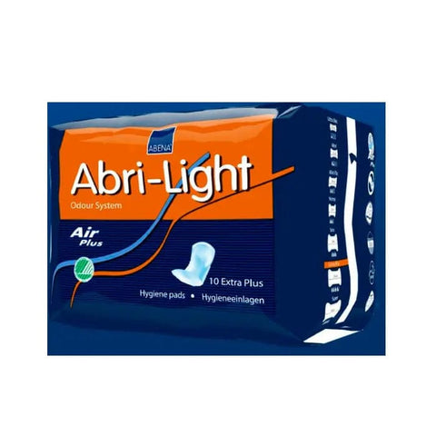 Abena Abri-Light Extra Plus in a box of 10 units, featuring discreet, absorbent adult incontinence pads by Jag Couture London New York