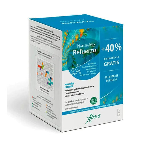 Aboca Natura Mix Advanced Refuerzo supplement in 28 envelopes, shown in a package with the product name and branding.