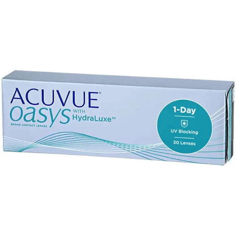 Box of Acuvue Oasys Hydraluxe daily contact lenses by Jag Couture London, showing 30 lenses with -2.50 power and 8.5mm diameter.