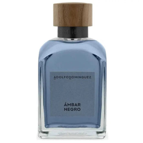 Adolfo Dominguez Ámbar Negro Eau De Perfume Spray 200ml, elegant black bottle with gold accents, displayed on a neutral background.