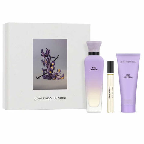 Adolfo Dominguez Iris Vainilla Eau de Parfum spray set with three 120ml bottles, featuring elegant fragrance packaging.