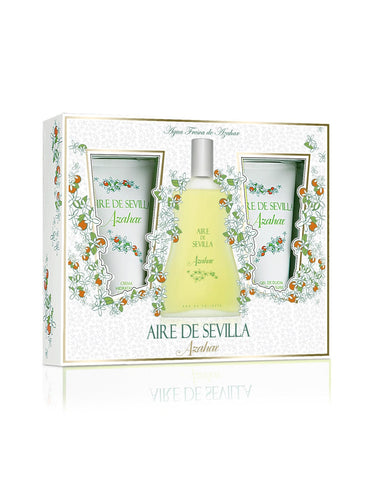 A bottle of Aire De Sevilla Azahar 100 Gel by Jag Couture London New York, with floral Azahar scent, shown in the image.