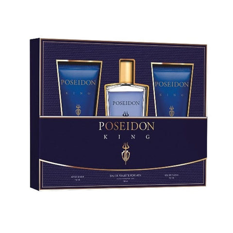Set of three Aire De Sevilla Poseidon King Men Eau De Toilette sprays by Jag Couture London, featuring sleek 150ml bottles.